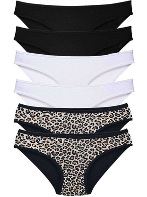 Pileli Store 6 Adet Likralı Kadın Slip Külot Leopar Siyah Beyaz