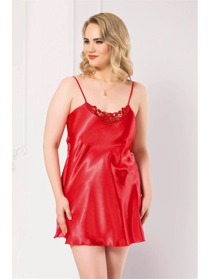 Pileli Store  Büyük Beden Kırmızı Kısa Saten Gecelik