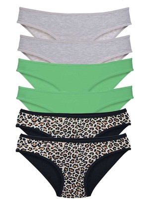 Pileli Store 6 Adet Likralı Kadın Slip Külot Leopar Gri Yeşil