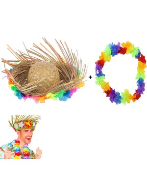 Pileli Store Hawaii Tarzı Tropikal Çiçekli Hasır Şapka ve Çiçekli Hawaii Kolye