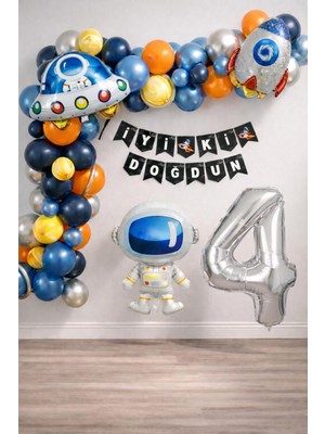 Patladı Gitti Uzay Temalı Doğum Günü Seti ; 4 Adet Folyo, 56Lateks Balon, Banner, Balon Zinciri, Balon Bandı