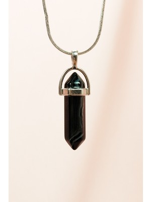 Pileli Store Obsidyen Doğal Taşı Zincirli El Yapımı Tasarımlı Kolye Uç: 3,5 cm Zincir: 20 cm Kutulu
