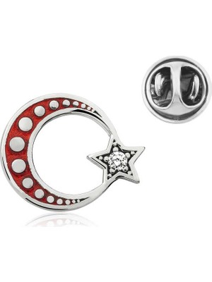Pileli Store 925 Ayar Gümüş Ay Yıldız Rozet T4636 (72)