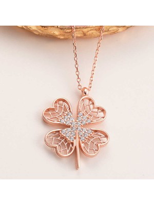 Pileli Store 925 Ayar Gümüş Rose Dört Yapraklı Yonca Kadın Kolye T8017 (72)