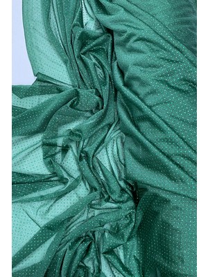 Pileli Store Yağmur Damlası Simli Abiye Elbise Şallık Tül Kumaş Zümrüt Yeşili 41-K