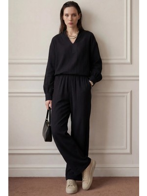 Hiccup Kadın My Fashıon V Yaka Bluz & Geniş Paça Pantolon Ikili Müslin Takım Siyah