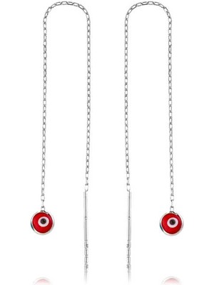 Pileli Store 925 Ayar Gümüş Zincirli Kırmızı Nazar Küpe EA1160043 (72)