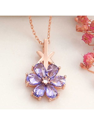 Pileli Store 925 Ayar Gümüş Rose Mor Sevgi Çiçeği Kadın Kolye T8181 (72)