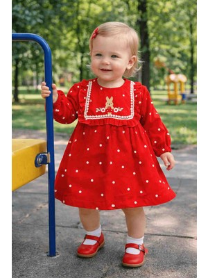 Kız Bebek Puantiyeli Kırmızı Müslin Elbise