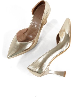 Modabuymus Altın Gold Renk Yanı Açık Kadeh Topuklu Stiletto Dore Abiye Ayakkabı