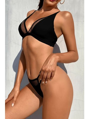 Pileli Store Kadın Siyah File Detaylı Özel Bikini Takımı