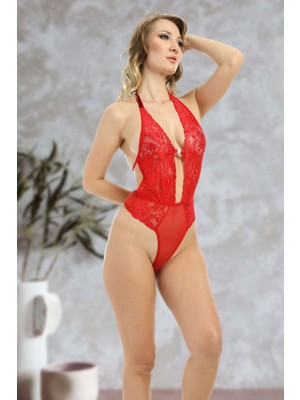 Pileli Store Kırmızı Taşlı Bodysuit - 888