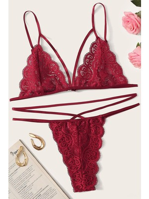 Pileli Store Kadın Bordo Dantel Sütyen Külot Takımı