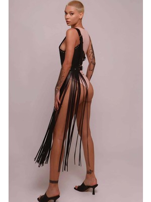 Pileli Store Püsküllü Deri Ceket Harness, Püsküllü Seksi Deri Harness - 1014