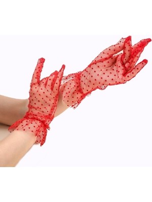 Pileli Store Kısa Boy Güpürlü Kırmızı Puantiyeli Tül Eldiven Kırmızı Renk