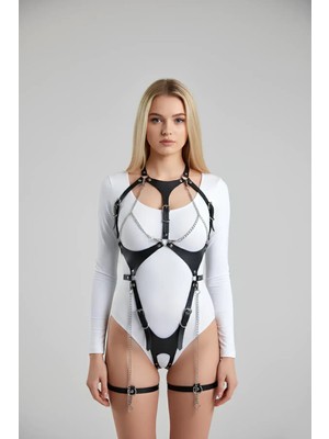 Pileli Store Deri Body Harness, Zincir ve Kelepçeli Fantezi Iç Giyim - 1098