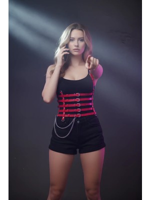 Pileli Store Zincir Detaylı 5 Sıralı Kırmızı Deri Kemer, Deri Korse Kemer - 626