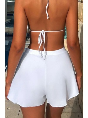 Pileli Store Kadın Beyaz Yırtmaçlı Etek Görünümlü Şık Deniz Şortu