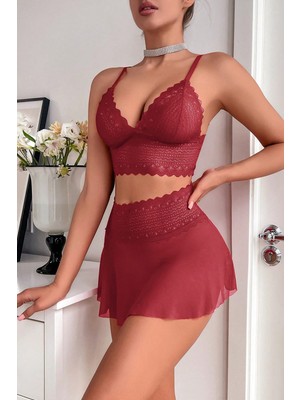 Pileli Store Kadın Bordo Dantel ve Tül Detaylı Etekli Şık Gecelik Takımı