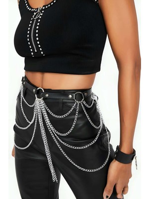 Pileli Store Zincir Detaylı Şık Deri Harness Kemer - 512