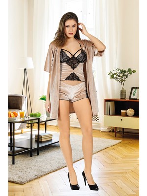 Pileli Store Vizon Kadife Dantelli Sabahlık & Gecelik Takım 3' Lü - 1398