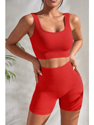 Pileli Store Kadın Kırmızı Kalın Askılı Yüksek Bel Şortlu Gecelik Takımı