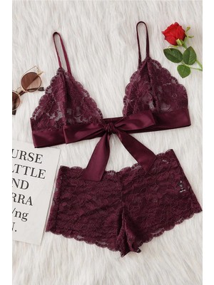 Pileli Store Kadın Bordo Dantelli & Kurdelalı Sütyen Külot Takımı