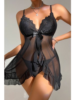 Pileli Store Kadın Siyah Dantelli, Fırfırlı Tül ve Fiyonk Detaylı Tangalı Gecelik Takımı