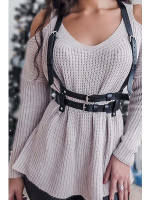 Pileli Store Omuzdan Askılı Püskül Detaylı Elbise Üzeri Şık Deri Bel Korse Kemer 638
