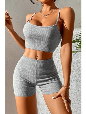 Pileli Store Kadın Gri Melanj Şortlu Kaşkorse Gecelik Takım