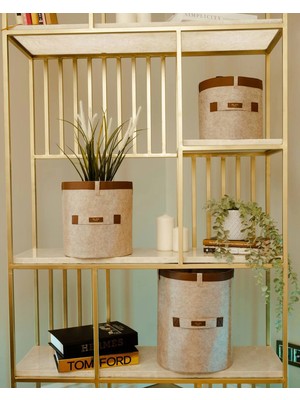 Pileli Store Deri Şeritli Yuvarlak Çok Amaçlı Düzenleyici Organizer Kutu Keçe Sepet (3'lü Set)