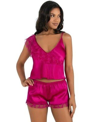 Pileli Store Vişne Saten Şort Takımı 9205