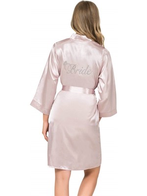 Pileli Store Pudra Kısa Saten Bride Sabahlık