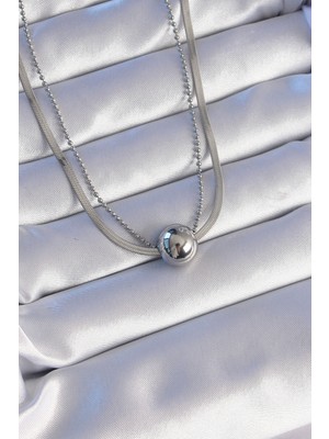 Pileli Store 316L Çelik Çift Zincirli Gümüş Renk Topçuk Italyan Model Kolye - TJ-BKO8877