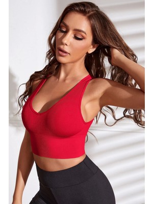 Pileli Store Kadın Kırmızı Derin Göğüs Dekolteli Şık Crop Top Bluz