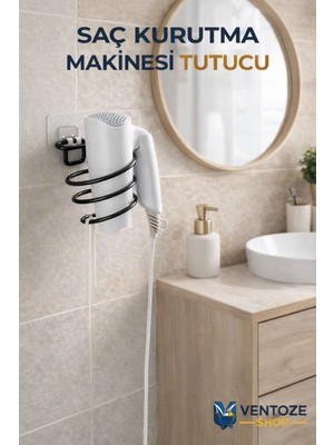 Ventoze Yapışkanlı Saç Kurutma Makinesi Tutucu | Banyo Düzenleyici Askı Fön Makinesi Standı