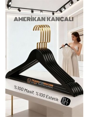 Pileli Store Lasvegas Ahşap Elbise Askısı - 6'lı Set Lüks Amerikan Kancalı Gardırop Düzenleyici