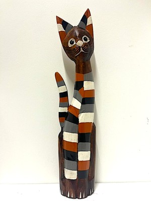 Barc Shop Ahşap Dekoratif Kedi 60 cm Büyük Çizgili Kedi Otantik El Yapımı Biblo