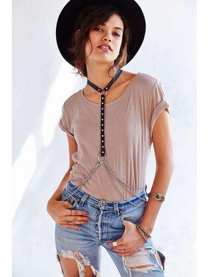Pileli Store Zımba ve Zincir Detaylı Boyundan Askılı Deri Harness - 840