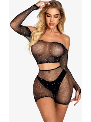 Pileli Store 2 Parça Taşlı Omuzları Açık Crop- Şort Vücut Çorabı