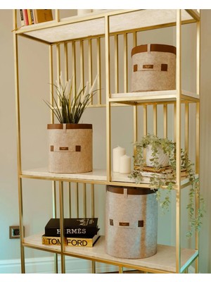 Pileli Store Deri Şeritli Yuvarlak Çok Amaçlı Düzenleyici Organizer Kutu Keçe Sepet (Maxi) 03815