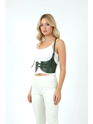 Pileli Store Haki Renk Kalın Kadın Kemeri, Deri Kemer Harness - 605