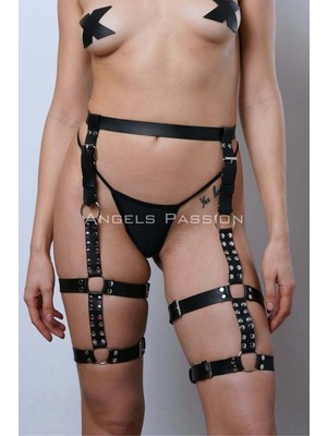 Pileli Store Deri Kemer Bacak Harness, Perçin Detaylı Deri Bacak Jartiyer - 862