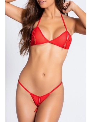 Pileli Store Kadın Ağı Açık Kırmızı Sütyen Külot Takımı