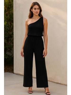 Pileli Store Kadın Siyah Tek Omuzlu Şık Bluz & Geniş Paça Pantolon Ikili Takım