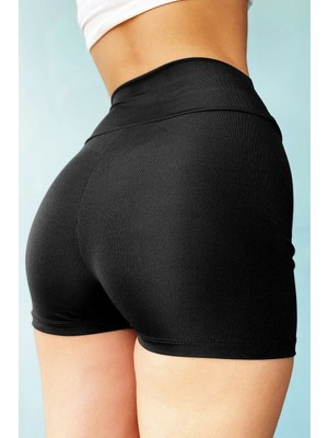 Pileli Store Kadın Siyah Yüksek Bel Mini Deniz Şortu