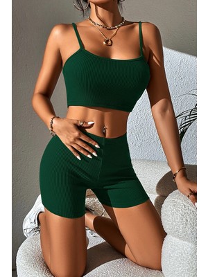 Pileli Store Kadın Yeşil Şortlu Kaşkorse Gecelik Takım