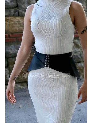 Pileli Store Perçin Detaylı Şık Kadın Kemer, Tarz Kadın Kemer, Elbise Üstü Deri Korse Kemer - 873