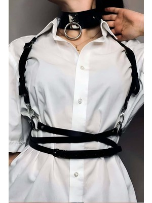 Pileli Store Belden Ayarlı Bağlamalı Deri Korse Kemer ve Choker Tasma Takım - 644