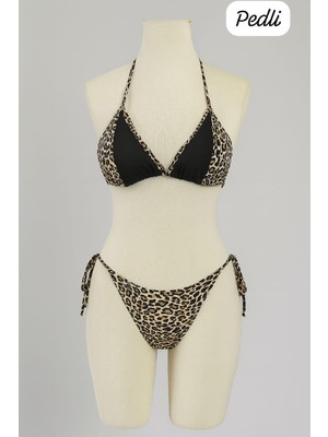 Pileli Store Kadın Siyah ve Leopar Detaylı Yandan Bağlamalı Bikini Takımı